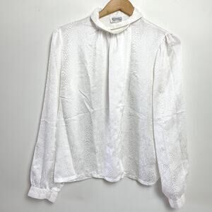 Vintage 80s Satin Secretary Blouse Medium White Animal Print Quiet Luxury